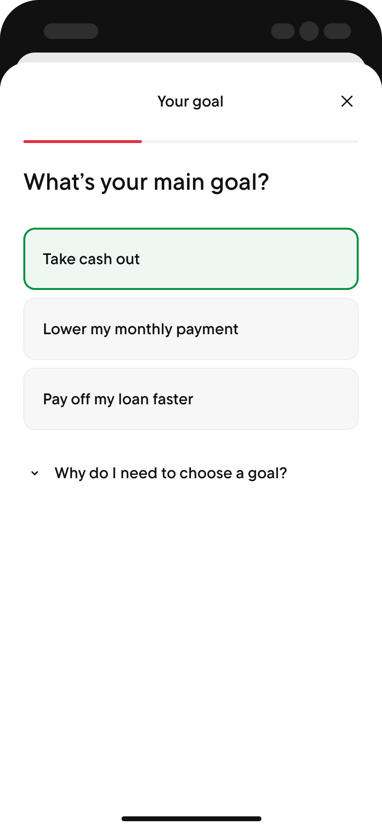 Goal question asking what the client's main goal is, with Take cash out selected